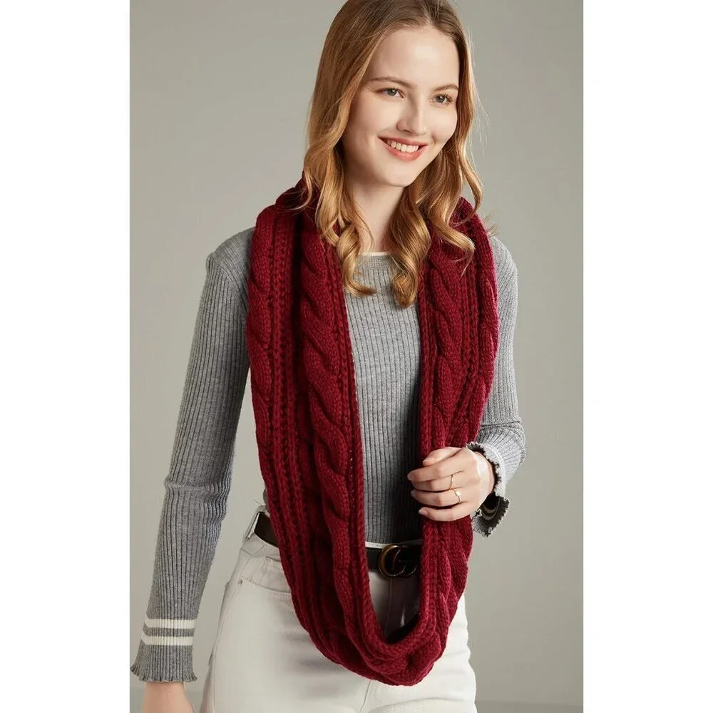 Women's Twist Claret Thick Ribbed Knit Winter Infinity Circle Loop Scarf